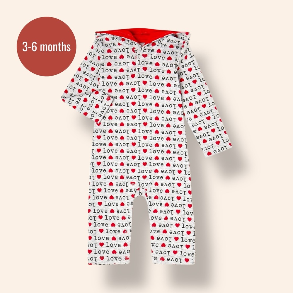 Print Hooded Romper | 3-6 M | Gray Red & Black Long Sleeve Zip One-Piece Outfit